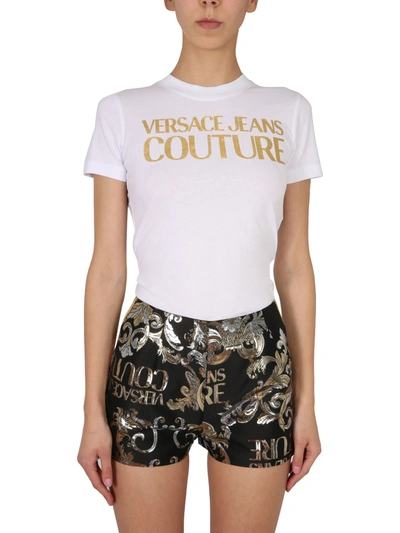 Shop Versace Jeans Couture T-shirt With Metallic Logo In Bianco