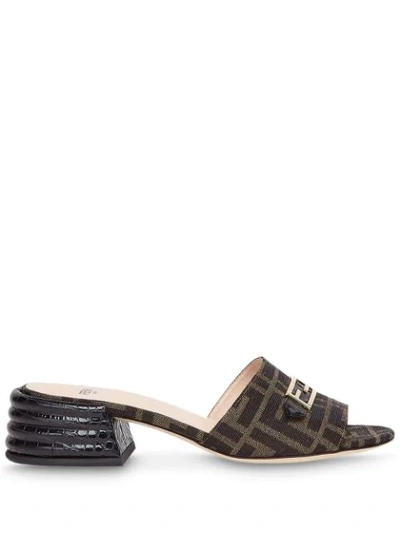 Shop Fendi Monogram Logo Print Block Heel Sandals In Brown