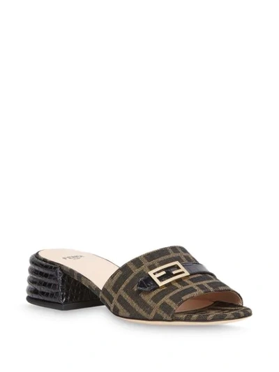 Shop Fendi Monogram Logo Print Block Heel Sandals In Brown