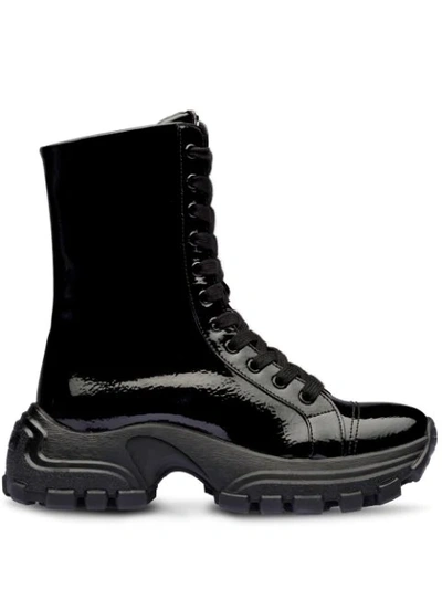 Shop Miu Miu Patent-finish Lace-up Boots In Black