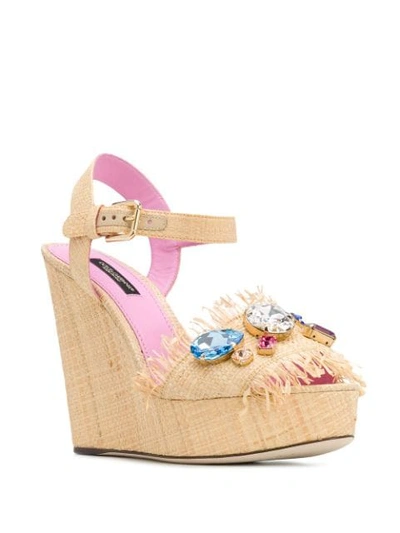 Shop Dolce & Gabbana Embellished Straw Wedges In Neutrals