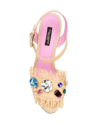 Shop Dolce & Gabbana Embellished Straw Wedges In Neutrals