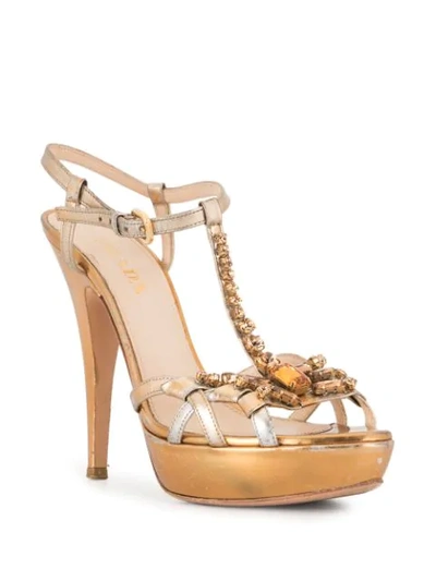 Pre-owned Prada Crystal-embellished Sandals In Gold