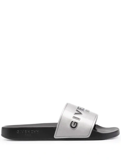 Shop Givenchy Metallic-effect Logo-detail Slides In Silver