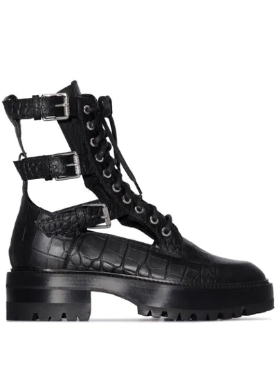 BLACK SNAKESKIN EMBOSSED CUTOUT LEATHER COMBAT BOOTS