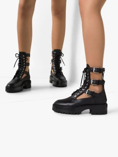 BLACK SNAKESKIN EMBOSSED CUTOUT LEATHER COMBAT BOOTS