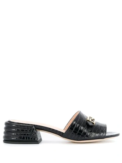 Shop Fendi Crocodile Embossed Logo Plaque Sandals In Black