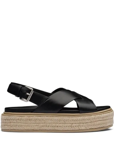 Shop Prada Woven Flatform Sandals In Black