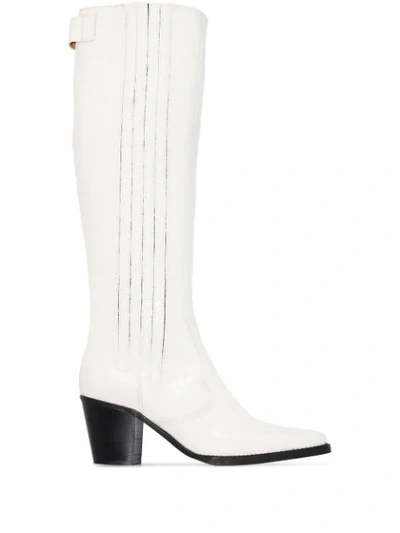 Shop Ganni Western 60mm Croc-effect Knee-high Boots In White