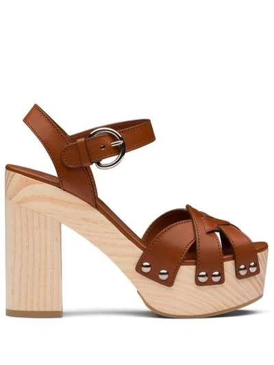 Shop Prada Woven Platform Sandals In Brown