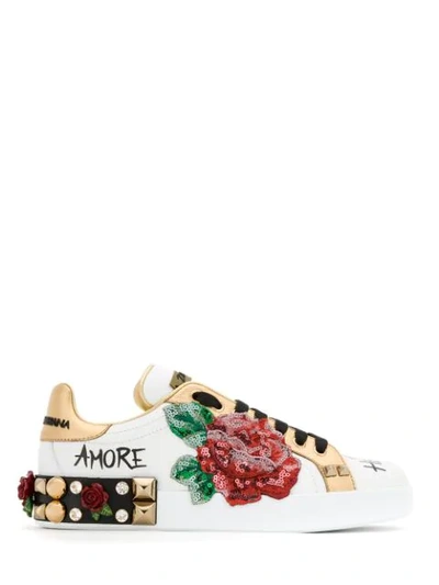 Shop Dolce & Gabbana Portofino Rose Patch Sneakers In White