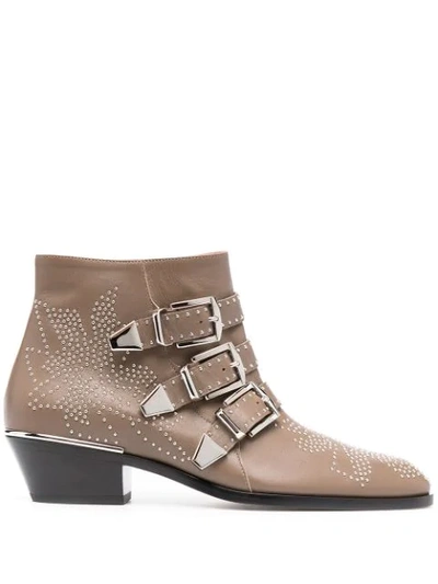Shop Chloé Studded Ankle Boots With Triple Buckle Detail In Neutrals
