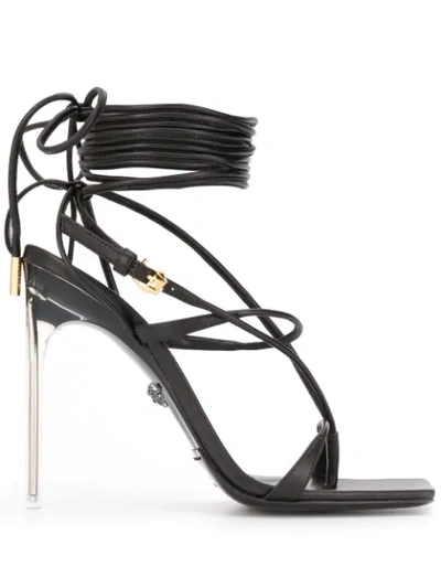 Versace 110mm Leather Lace-up Thong Sandals In Black | ModeSens