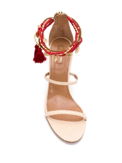 Shop Aquazzura Beaded Ankle Stiletto Sandals In Neutrals