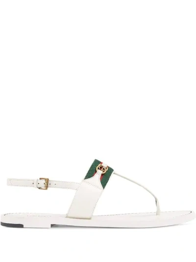 Shop Gucci Web Stripe T-bar Flat Sandals In White