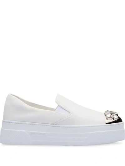 Shop Miu Miu Crystal Platform Slip-on Sneakers In White