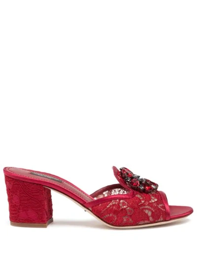 Shop Dolce & Gabbana Crystal-embellished Lace Slide Sandals In Red