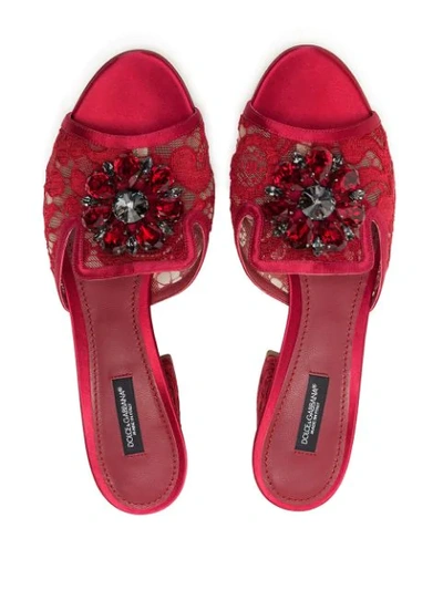 Shop Dolce & Gabbana Crystal-embellished Lace Slide Sandals In Red
