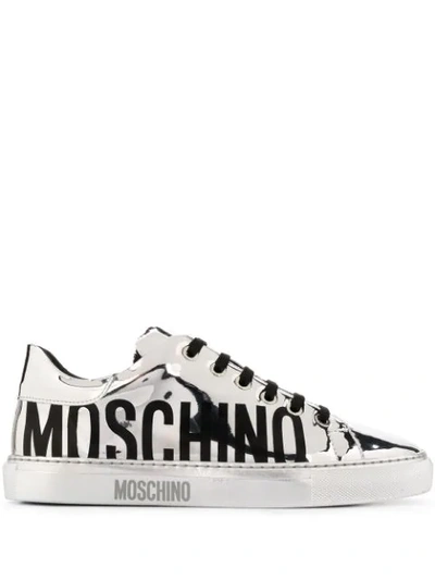Shop Moschino Logo-print Metallic Sneakers In Silver