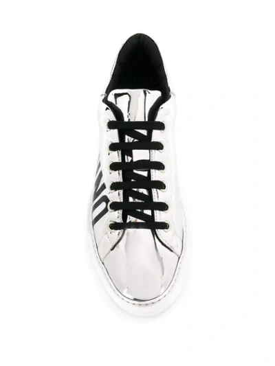 Shop Moschino Logo-print Metallic Sneakers In Silver