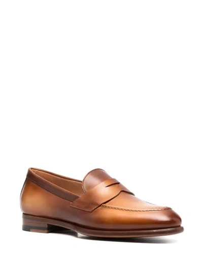 Shop Santoni Almond-toe Leather Loafers In Brown