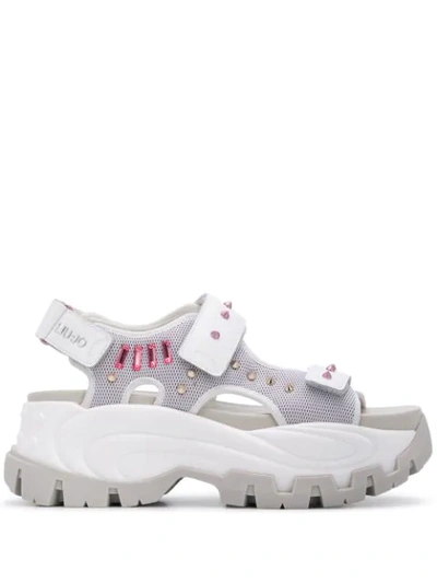 Shop Liu •jo Embellished Platform Sole Sandals In White