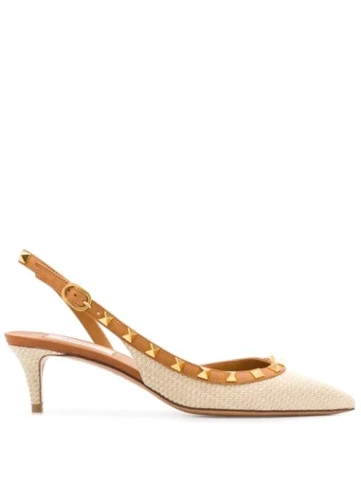 Shop Valentino Rockstud Raffia Slingback Pumps In Neutrals