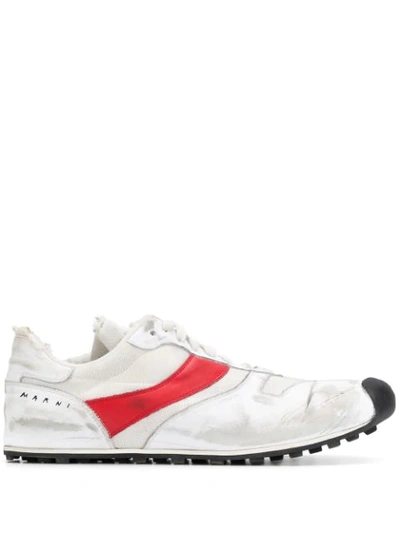 Shop Marni Distressed Asymmetric Sneakers In White