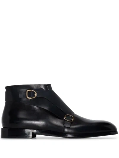 Shop Santoni Double-buckle Leather Ankle Boots In Blue