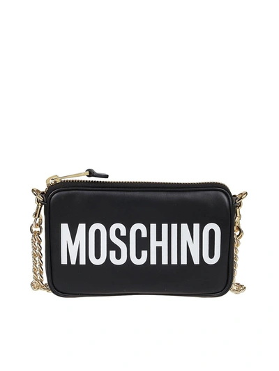 Shop Moschino Logo Print Calfskin Crossbody Bag In Black