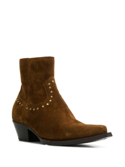 Shop Saint Laurent Lukas Stud Detail Ankle Boots In Brown