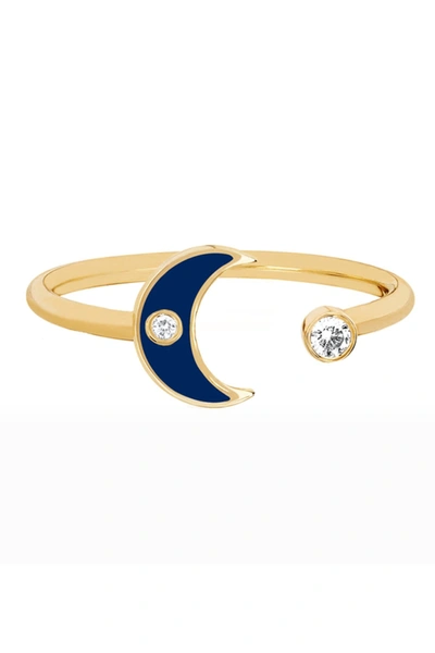 Shop Ef Collection 14k Gold Open Diamond & Navy Enamel Moon Ring In Yellow Gold