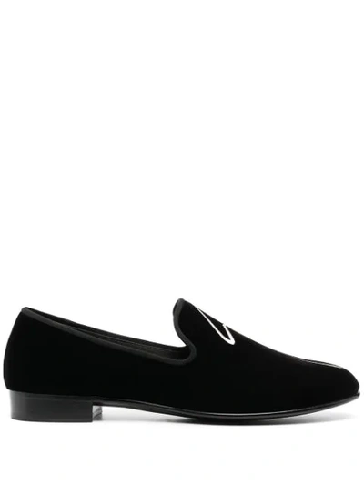 Shop Giuseppe Zanotti Velvet-effect Embroidered Loafers In Black