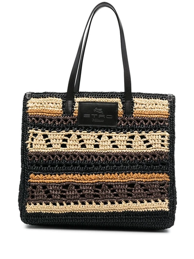 Shop Etro Striped Crochet Tote Bag In Black