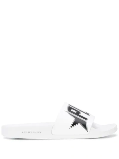 Shop Philipp Plein Logo-print Flat Slides In White