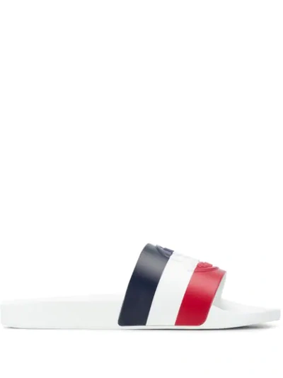 Shop Moncler Striped Slip-on Slides In White