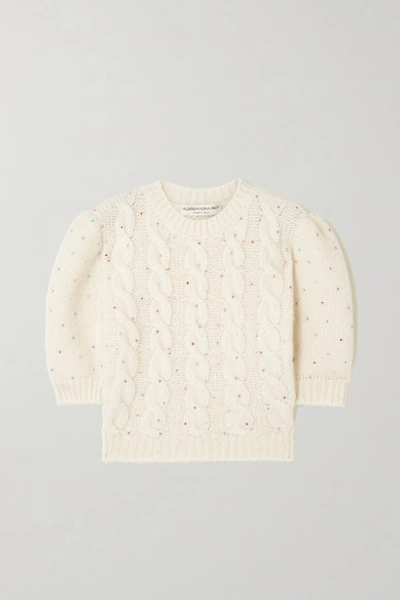 Shop Alessandra Rich Cropped Crystal-embellished Cable-knit Alpaca-blend Sweater In White
