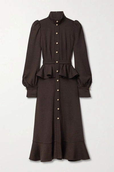 Shop Anna Mason Phoebe Ruffled Wool-jersey Midi Dress In Chocolate