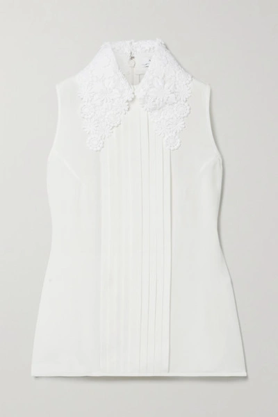 Shop Andrew Gn Guipure Lace-trimmed Pintucked Silk-blend Crepe Blouse In White