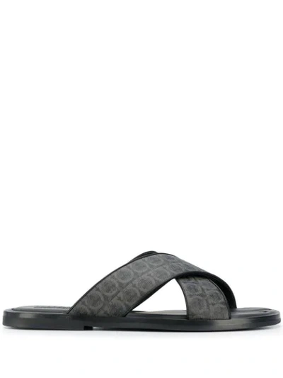 Ferragamo Gancini Leather Pool Slides In Grey