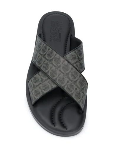 Ferragamo Gancini Leather Pool Slides In Grey