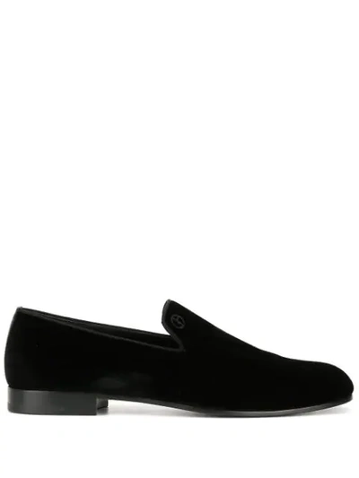 Shop Giorgio Armani Velvet Logo Loafers In Black