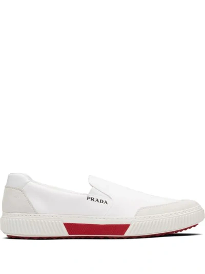 Shop Prada Suede Panel Slip-on Sneakers In White