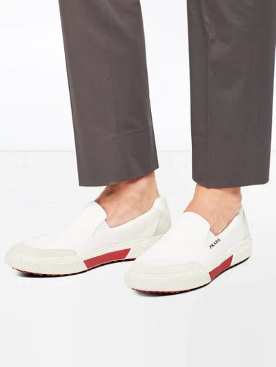 Shop Prada Suede Panel Slip-on Sneakers In White