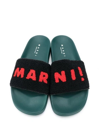 Shop Marni Terry Cloth Logo Slides In Green