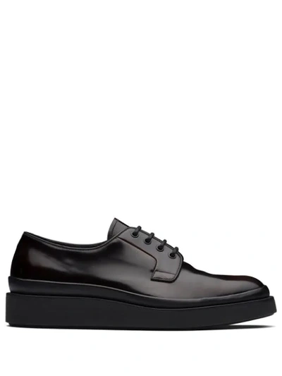 Shop Prada Leather Derby Shoes In Brown