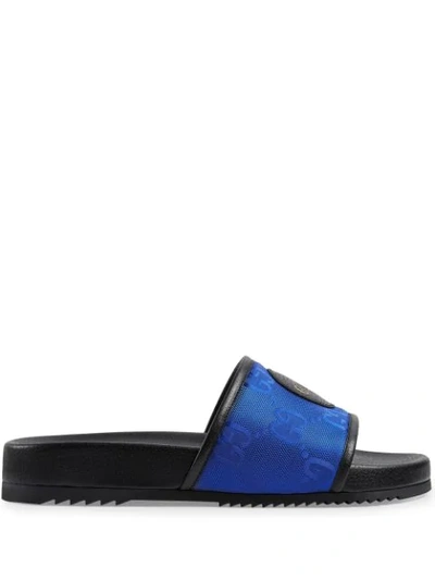 Shop Gucci Off The Grid Logo Patch Slides In Blue