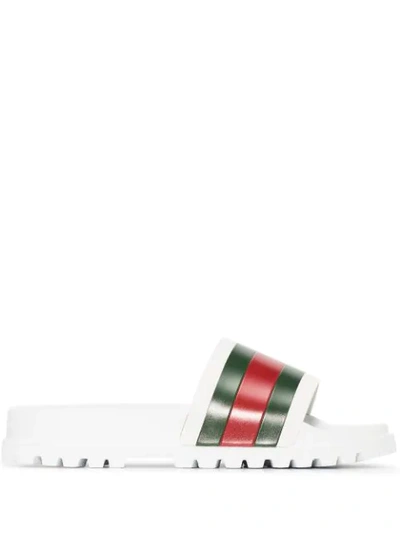 Shop Gucci Web-stripe Pool Slides In White