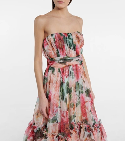 Shop Dolce & Gabbana Strapless Floral Silk Chiffon Midi Dress In Multicoloured