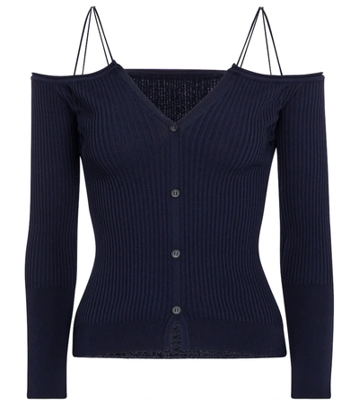 Shop Jacquemus Le Cardigan Tordu Off-shoulder Cardigan In Blue